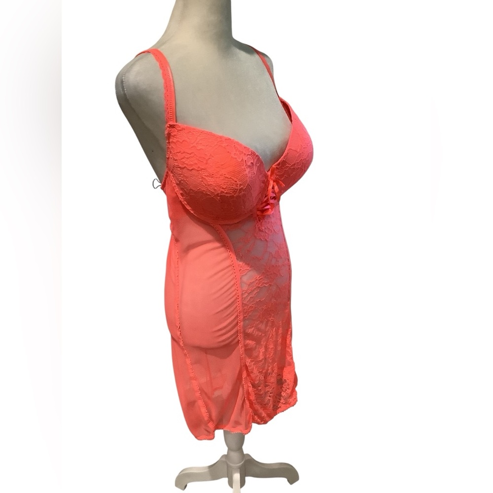 FRENCH AFFAIR Vibrant Coral Lace Chemise with Panties Size L/XL